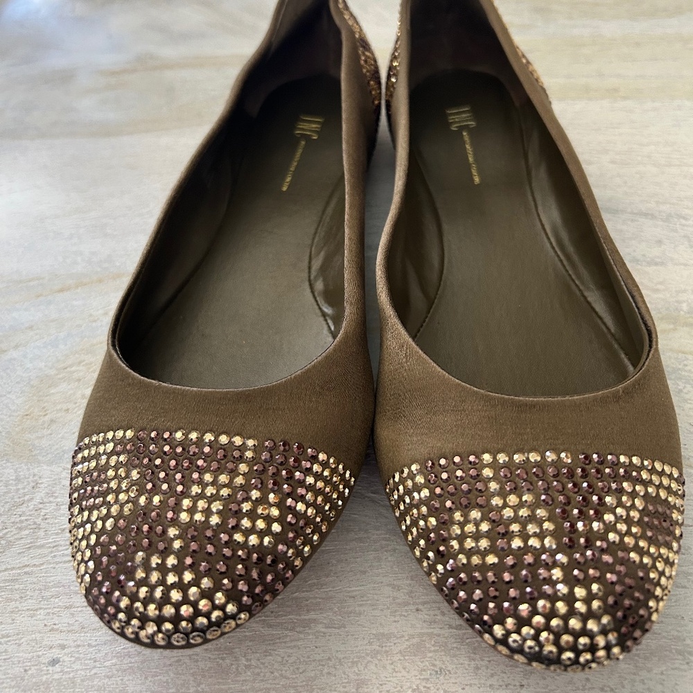 NEW I.N.C. ARMY GREEN SATIN LEOPARD RHINESTONE SHOES FLATS BALLET RHINESTONE 8.5